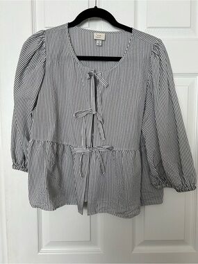 a new day Black and White Striped Tie-Front Peplum Blouse / M